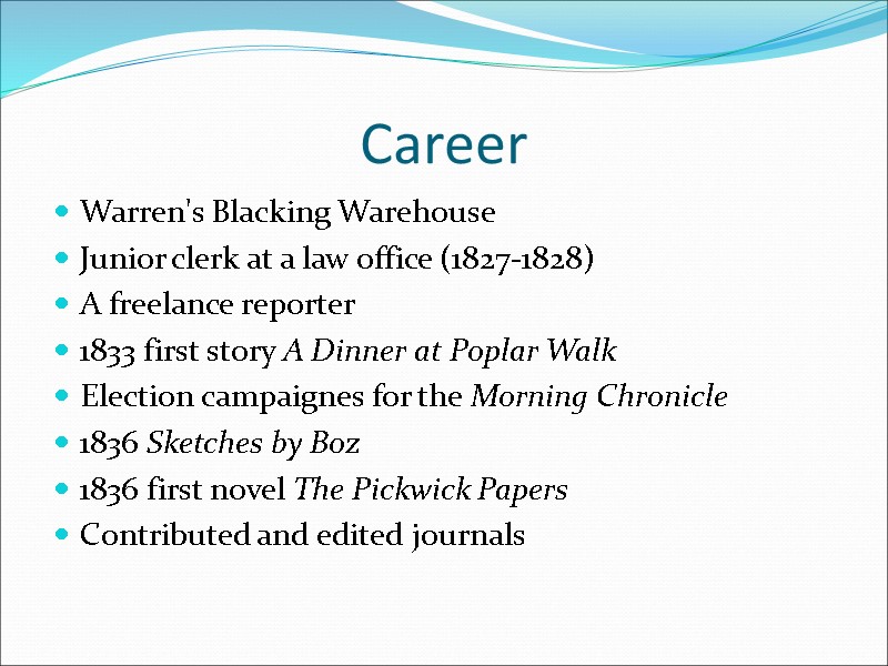 Career Warren's Blacking Warehouse Junior clerk at a law office (1827-1828) A freelance reporter